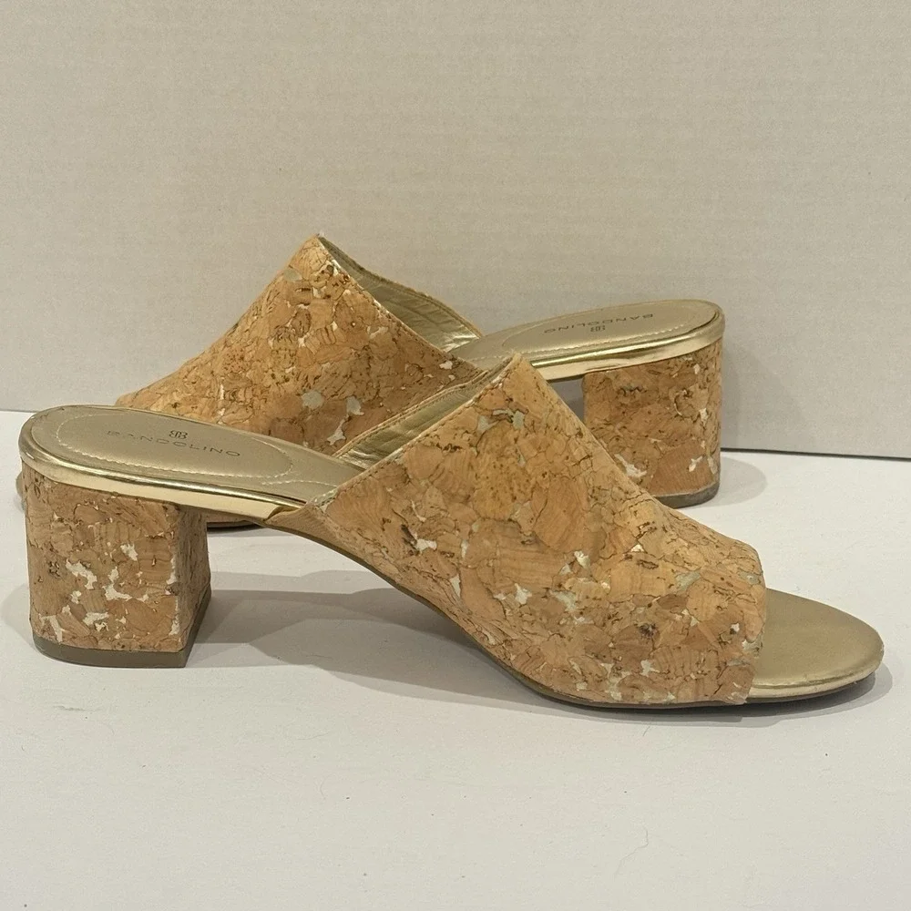 Bandolino Metallic Gold Neutral Minimalist Cork‎ Chunky Heeled Sandal Size 10M